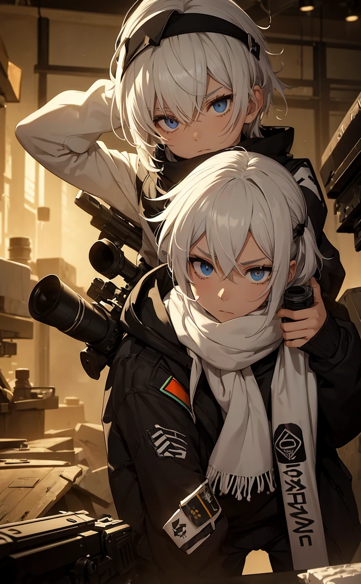 Boy with white hair;
shorth hair;
Messy hair;
eye white;
Some gun sight marks on the pupils;
wear black pants;
black jersey;
A white sweater;
A white scarf;
Pupilas brancas cor neve
A sniper tem a cor branca também
There's a white sniper on the back;
Ele está deitado no chao mirando com a sniper