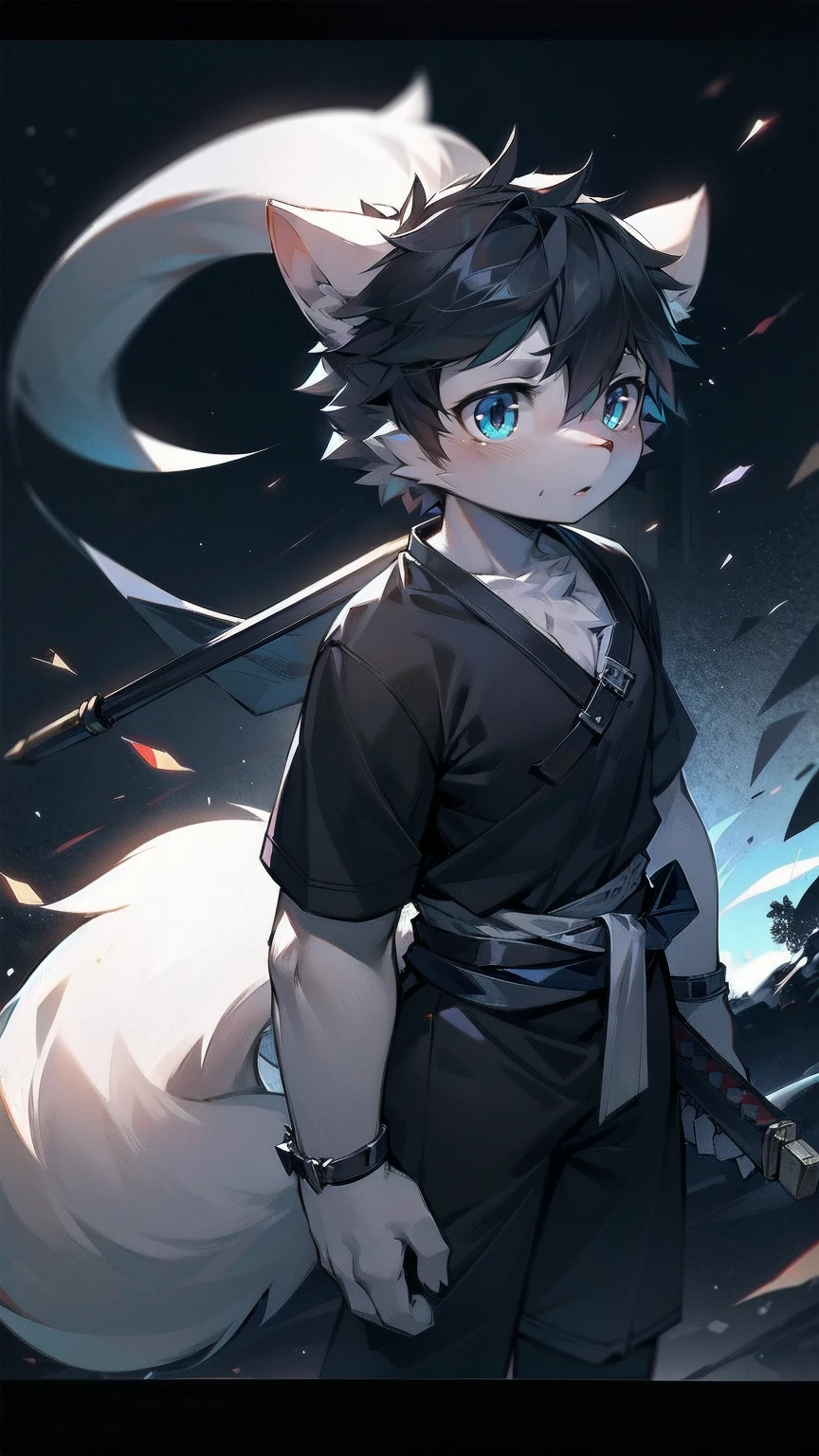 White Wolf,black hair,Sky blue eyes,hairy,Wolf ears,Wolf tail,Full body portrait,The character is in the center of the frame,Handsome,Confident eyes,male,juvenile,Black and white combat uniform,Red neck bib,Black shorts,Short sleeve,hairy arms and legs,Dark background,Dark battlefield,dawn,sunrise,dawn,illumination,shadow,Swordsman,Scabbard and sword,Hold the hilt of a sword in your hand,The scabbard is at the waist,Highest quality