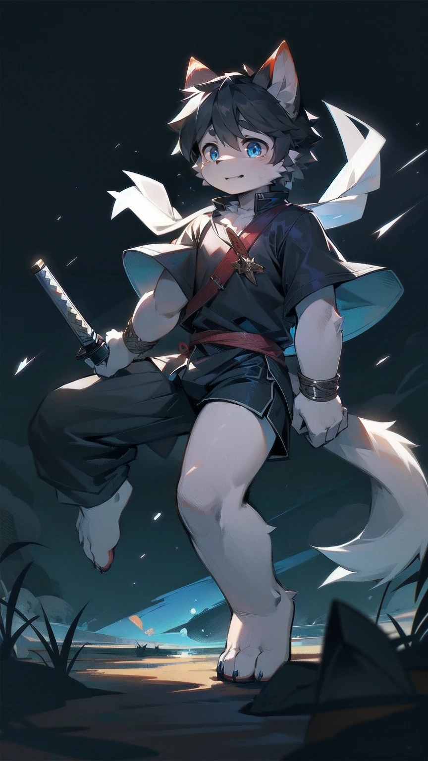 White Wolf,black hair,Sky blue eyes,hairy,Wolf ears,Wolf tail,Full body portrait,The character is in the center of the frame,Handsome,Confident eyes,male,juvenile,Black and white combat uniform,Red neck bib,Black shorts,Short sleeve,hairy arms and legs,Dark background,Dark battlefield,dawn,sunrise,dawn,illumination,shadow,Swordsman,Scabbard and sword,Hold the hilt of a sword in your hand,The scabbard is at the waist,Highest quality
