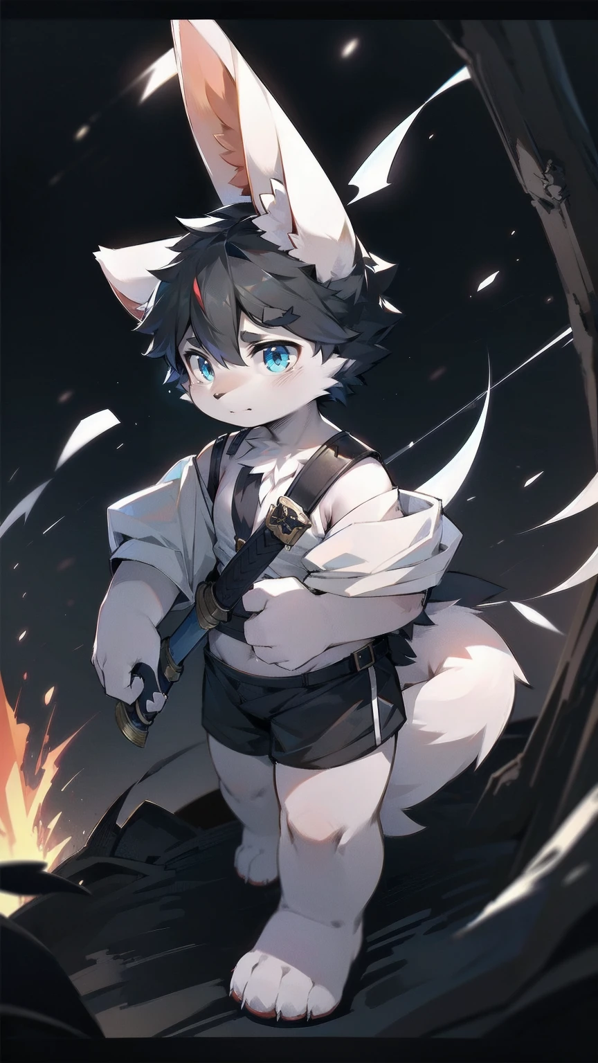 White Wolf,black hair,Sky blue eyes,hairy,Wolf ears,Wolf tail,Full body portrait,The character is in the center of the frame,Handsome,Confident eyes,male,juvenile,Black and white combat uniform,Red neck bib,Black shorts,Short sleeve,hairy arms and legs,Dark background,Dark battlefield,dawn,sunrise,dawn,illumination,shadow,Swordsman,Scabbard and sword,Hold the hilt of a sword in your hand,The scabbard is at the waist,Highest quality