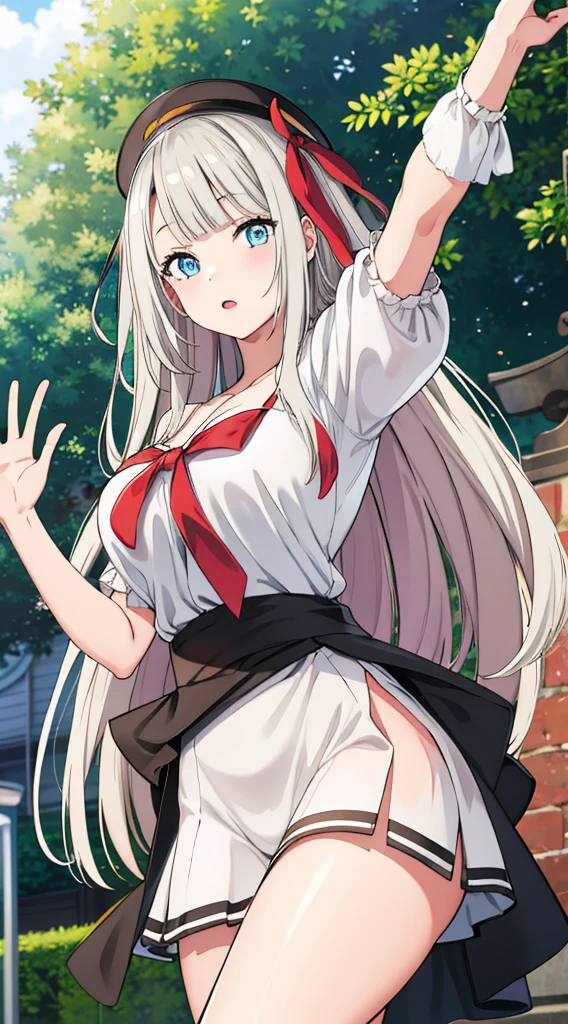 Without skirt、The skirt is flipped up、Without skirt、White underwear、In underwear、Panties in full view、White panties、 1, 1girl, asahina mikuru, long hair, kita high , solo,  short sleeves, red ribbon, large breasts, cowboy shot, waving, outdoors, Underwear in full view、スカート無し