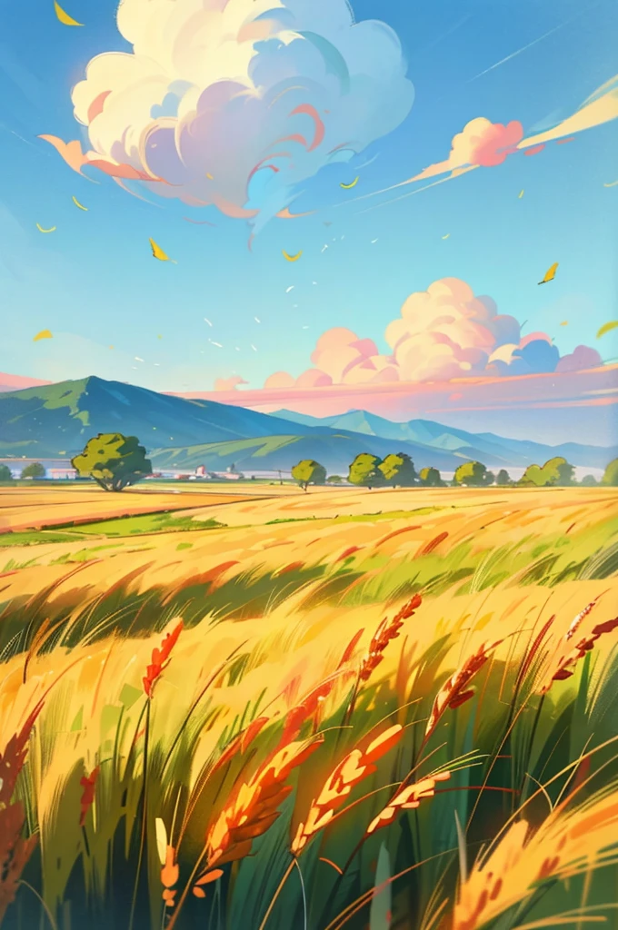 autumn，（Autumn），（Close-up of light green wheat field）（Mai Lang），Cyan mountains in the distance，Ginkgo leaves fluttering in the air，（Blue sky and white clouds），（higher purity），（Moderately saturated），（Clean pictures），The picture gives people an elegance、Relaxing feeling，Adds a naturally calm and unique ambience，Low Angle of View，（Depth of Field），（transparent），Normal composition，（simple），（8K），high quality、High Definition，Ultra HD，（Best quality）