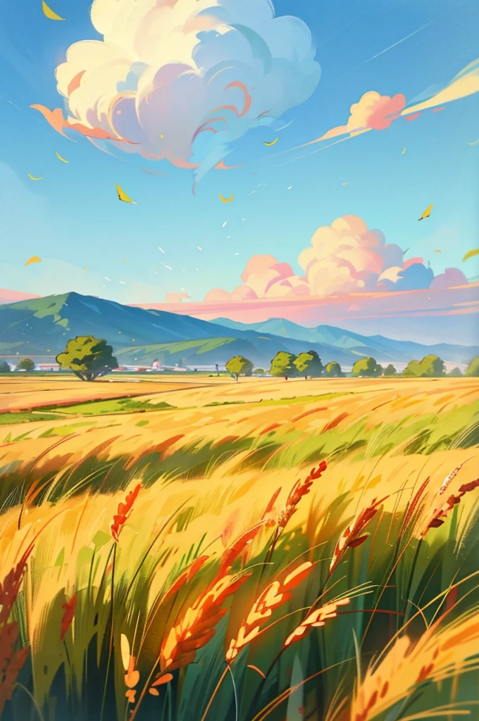 autumn，（Autumn），（Close-up of light green wheat field）（Mai Lang），Cyan mountains in the distance，Ginkgo leaves fluttering in the air，（Blue sky and white clouds），（higher purity），（Moderately saturated），（Clean pictures），The picture gives people an elegance、Relaxing feeling，Adds a naturally calm and unique ambience，Low Angle of View，（Depth of Field），（transparent），Normal composition，（simple），（8K），high quality、High Definition，Ultra HD，（Best quality）