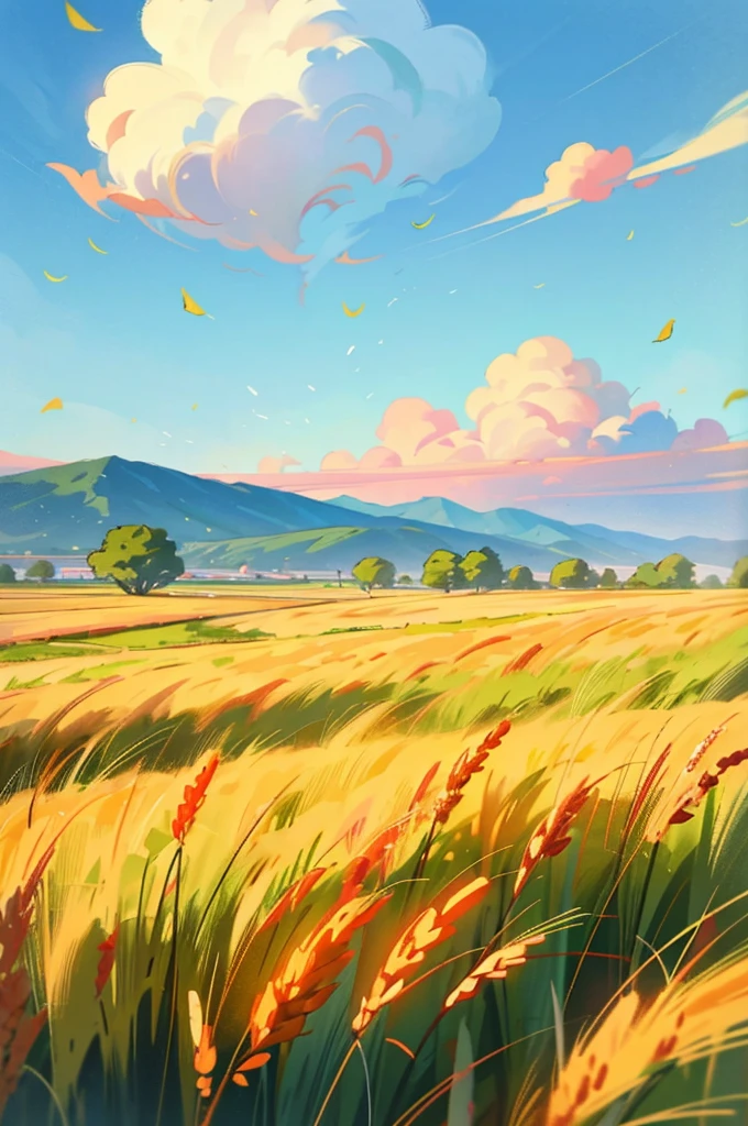 autumn,(Autumn),(Close-up of light green wheat field)(Mai Lang),Cyan mountains in the distance,Ginkgo leaves fluttering in the air,(Blue sky and white clouds),(higher purity),(Moderately saturated),(Clean pictures),The picture gives people an elegance、Relaxing feeling,Adds a naturally calm and unique ambience,Low Angle of View,(Depth of Field),(transparent),Normal composition,(simple),(8K),high quality、High Definition,Ultra HD,(Best quality)