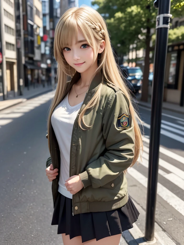 (8K, RAW Photos, Highest quality, masterpiece:1.2), (Realistic, photo-Realistic:1.4), (Highly detailed 8K wallpapers), ((Full Body Shot)), (1 girl), Sharp focus, Depth of written boundary, Cinematic lighting, Soft Light, 緻密な美しさのeye, eye_Chan, Very beautiful 17 year old girl, innocent big eyes, Realistic, photo Realistic, Highly detailed cute girl, (Thin thighs), (Model Body Type), 18-year-old, ((Khaki flight jacket)), (Black Micro Mini Pleated Skirt), (((Fold your arms in front of your chest and act arrogantly))), ((A happy smile)), Parted lips, Watching the audience, (On the streets of Tokyo) , (Blonde),（Long bob hair braids), (Asymmetrical bangs)