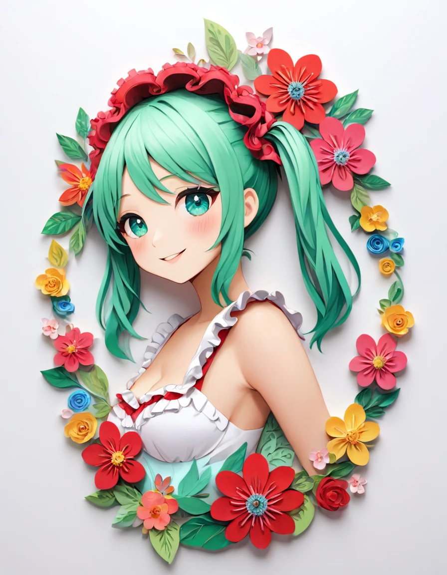 Paper cutting art,(Flat paper cutout,Paper Art,layered Paper Art,Paper Quilting, Digital Art),against a pure white background,(High detail, masterpiece, Highest quality, Ultra-high resolution),woman、womanを画像サイズ内に描く、Upper Body、From the waist up、Eyes are patchy、Sparkling eyes、Non-rev�ve clothing、She is wearing a dress with frills and lace.、flower、Facing forward、smile、Twin tail hair:、flowerの種類変えて、Change the pose、Change your body position、Change your body position、Green as the main color、Change your hairstyle、Change your hair color