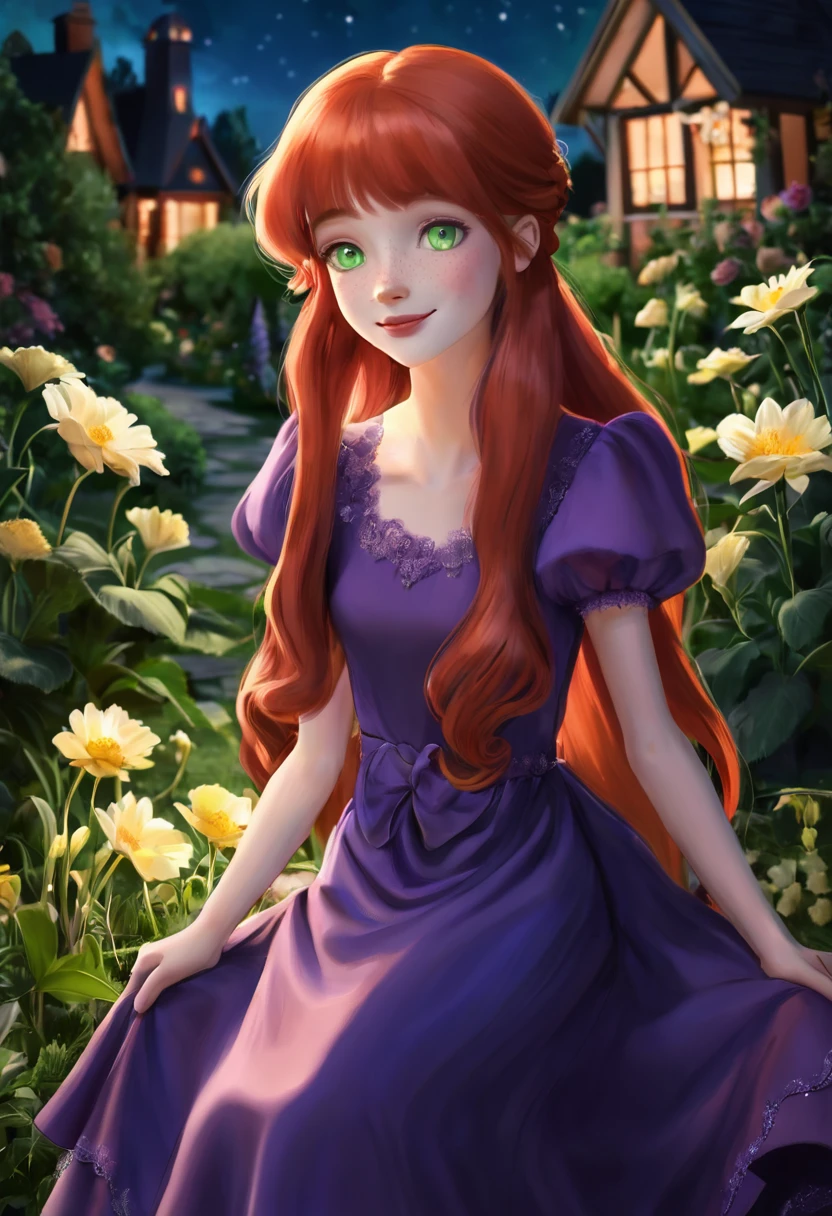 1 12 year old girl, alone, long red hair, green eyes, smiling lips, clear skin, old, purple dress, background of a flower garden((at night)), 