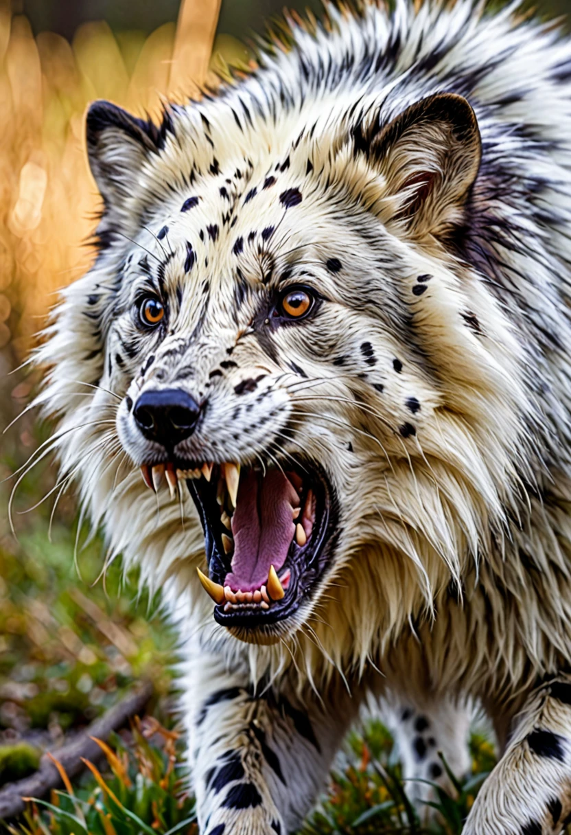 a mammal , with white fur with brown spots, imposing teeth and gray eyes, super aggressive appearance and quadruped, long fur