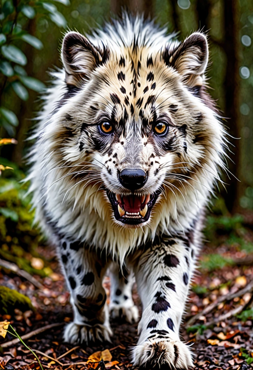 a mammal , with white fur with brown spots, imposing teeth and gray eyes, super aggressive appearance and quadruped, long fur
