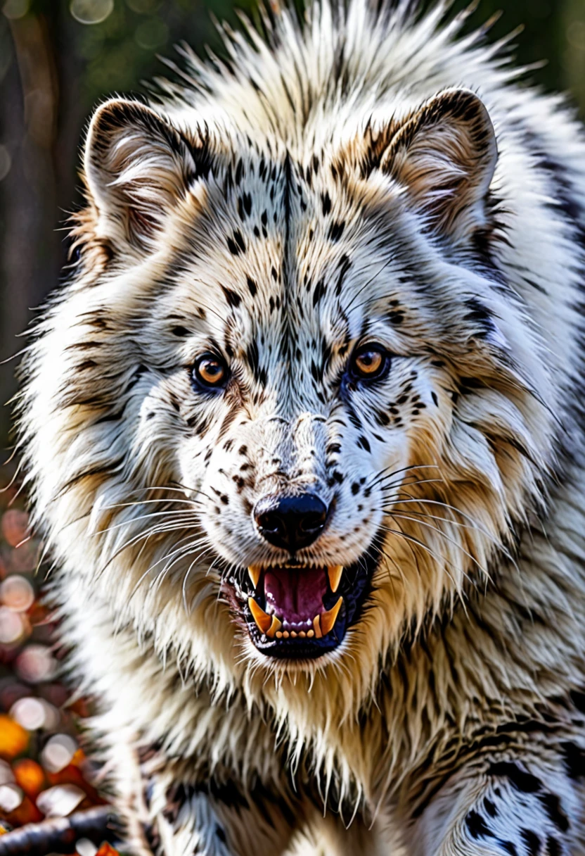 a mammal , with white fur with brown spots, imposing teeth and gray eyes, super aggressive appearance and quadruped, long fur