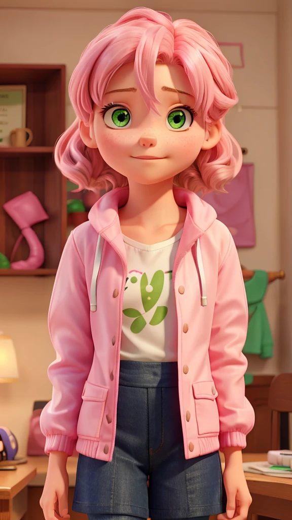Thirteen-year-old girl, pink hair, green eyes, wearing a closed pink jacket with white sleeves.