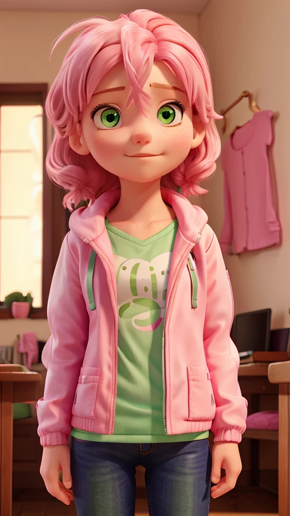 -year-oldl, pihair, green eyes, wearing a closed pink jacket with white sleeves.