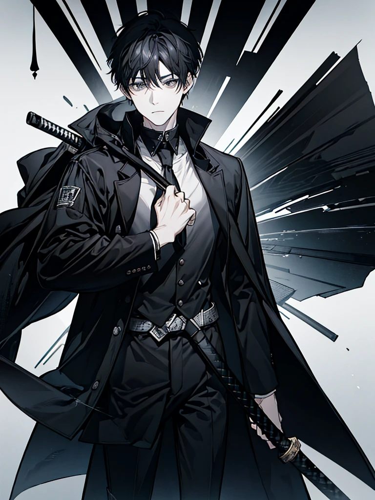 A young man with short black hair, with black eyes, with a bandaged katana inside a sheath on his back, and rune marks on the cheek, with a thin black checkered coat, underneath a black t-shirt.