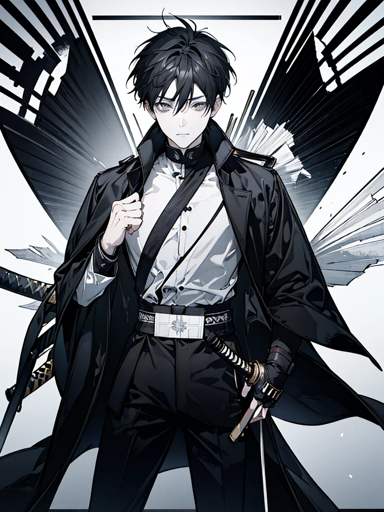 A young man with short black hair, with black eyes, with a bandaged katana inside a sheath on his back, and rune marks on the cheek, with a thin black checkered coat, underneath a black t-shirt.