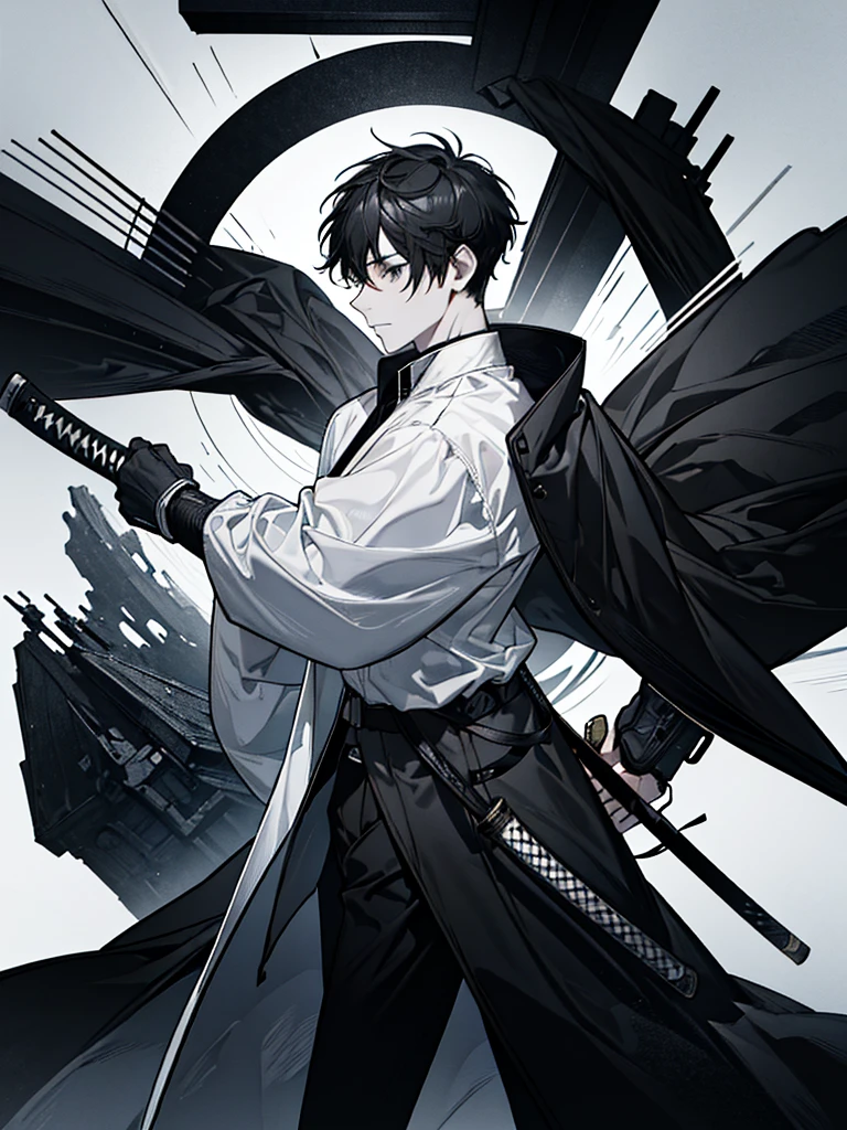 A young man with short black hair, with black eyes, with a bandaged katana inside a sheath on his back, and rune marks on the cheek, with a thin black checkered coat, underneath a black t-shirt.