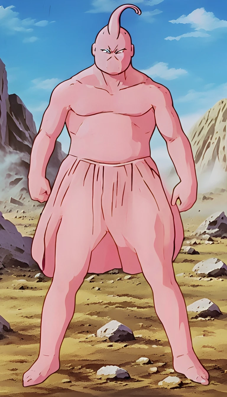 solo, majin buu,short, (nude:3.5),(angry:2),fighting_stance,in wasteland,destroyed rock,(soft shading), 4k, hi res, ((detailed face, (detailed eyes:1.0), detailed)), (full body), looking at viewer, 1boy, upper body, male focus,nude,(bare_legs:1.5),(topless:1.5),( shirtless:2.5),torn clothes,bare pectorals, fighting stance,