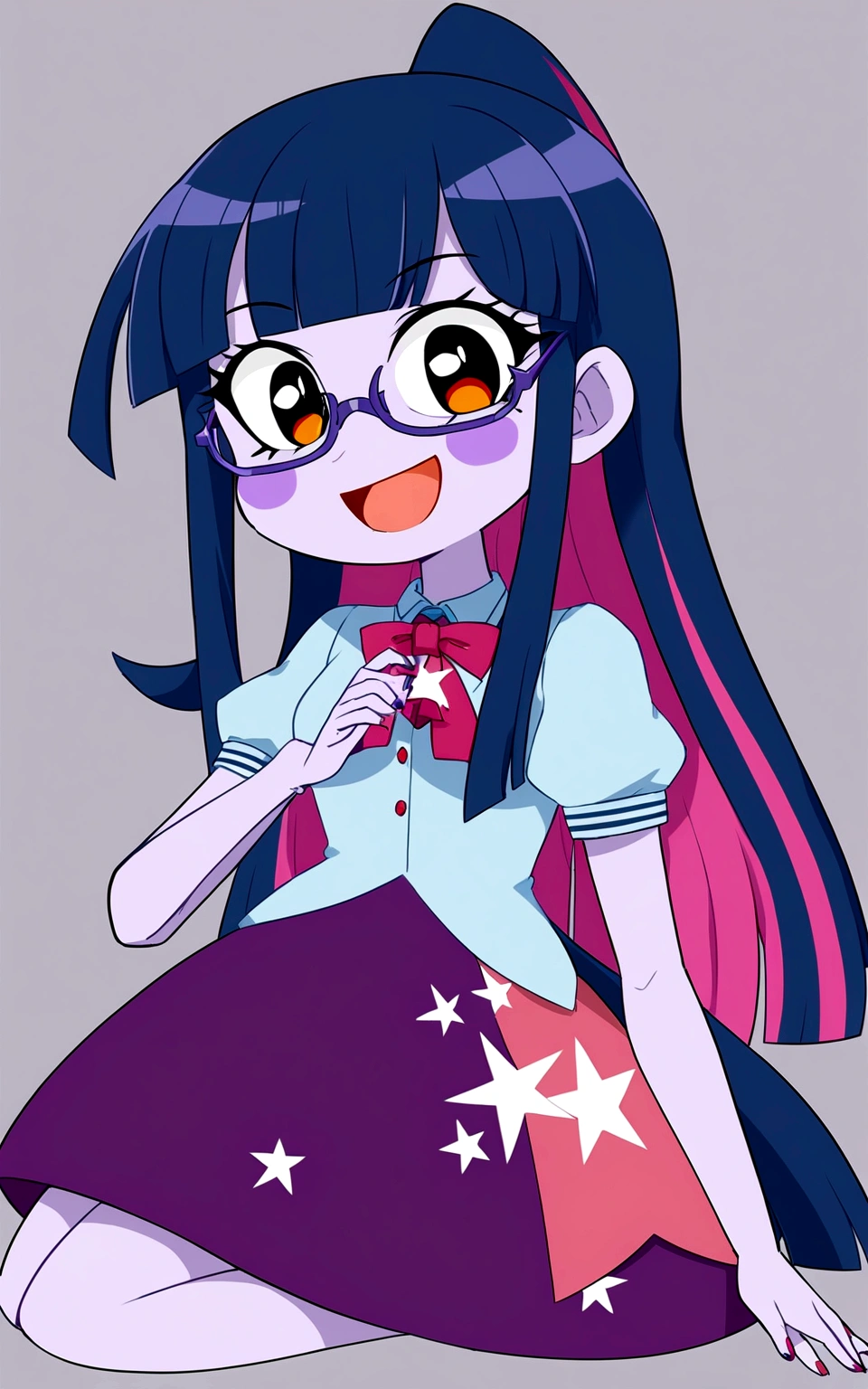 girl with violet skin, tall, teenager, straight bangs, long hair, violet and blue tones, glasses, twiling sparkle, smiling full body,mlptwilight