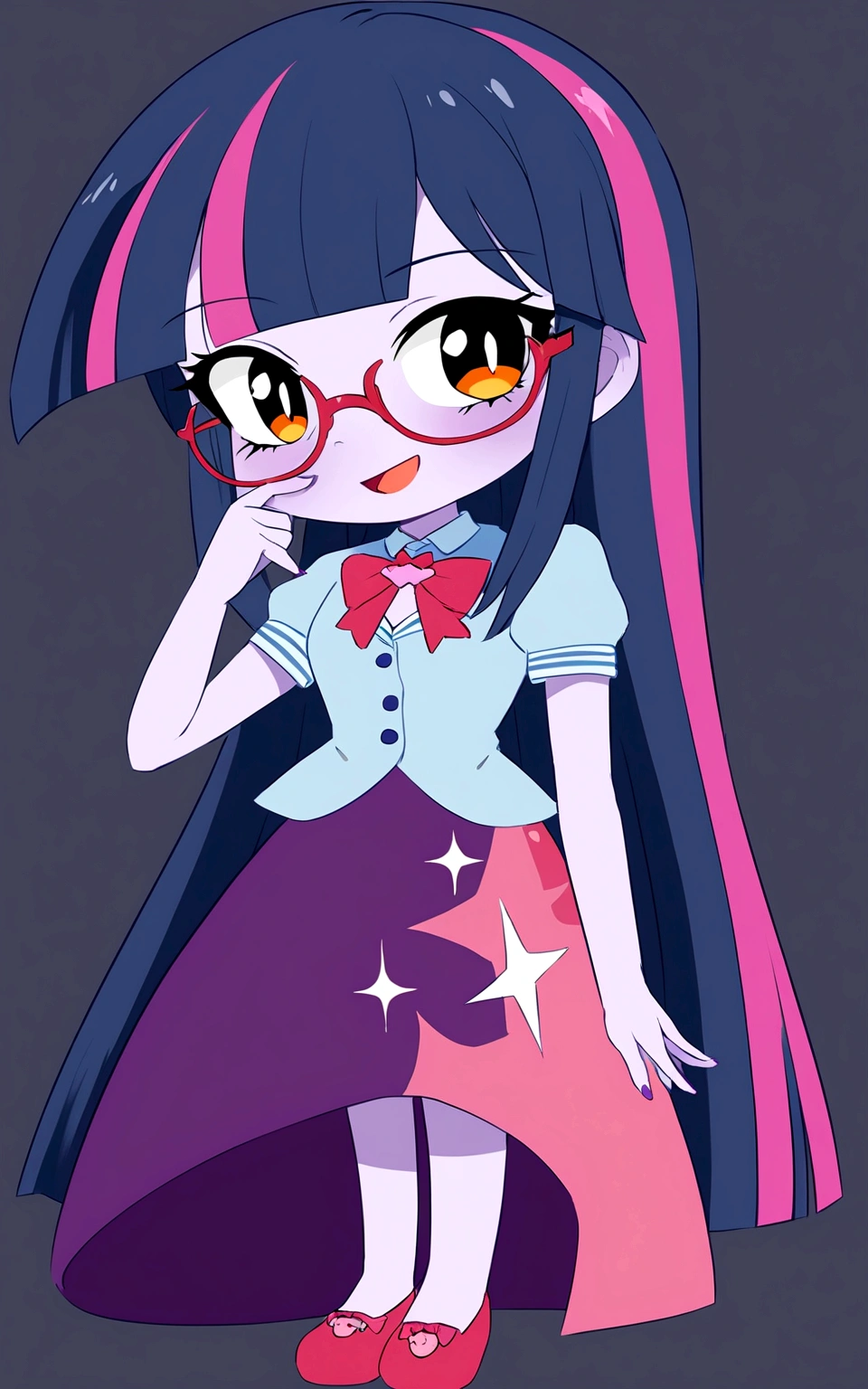 girl with violet skin, tall, teenager, straight bangs, long hair, violet and blue tones, glasses, twiling sparkle, smiling full body,mlptwilight