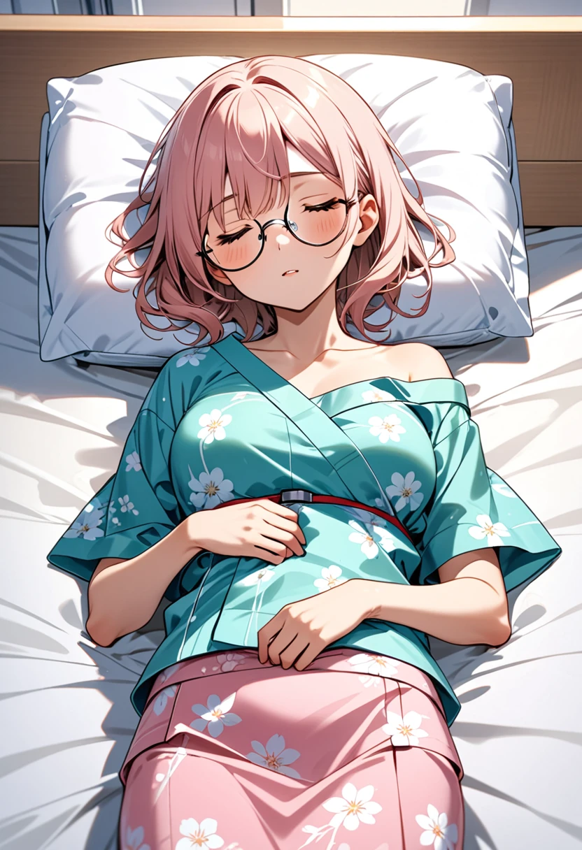 girl(Round Glasses、low length、yukata(Pink))Hospital bed(Sleeping on your back)