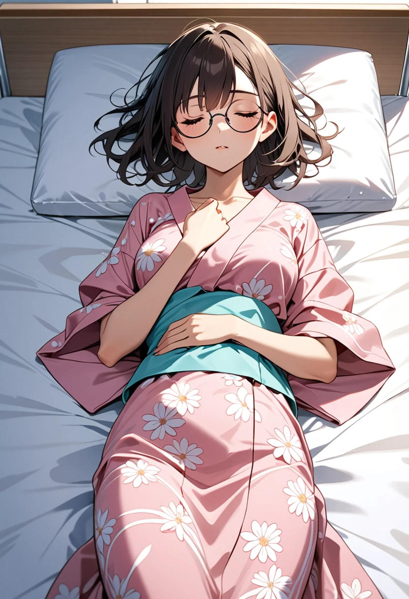 girl（Round Glasses、low length、Patient gown（Pink））Hospital bed（Sleeping on your back）