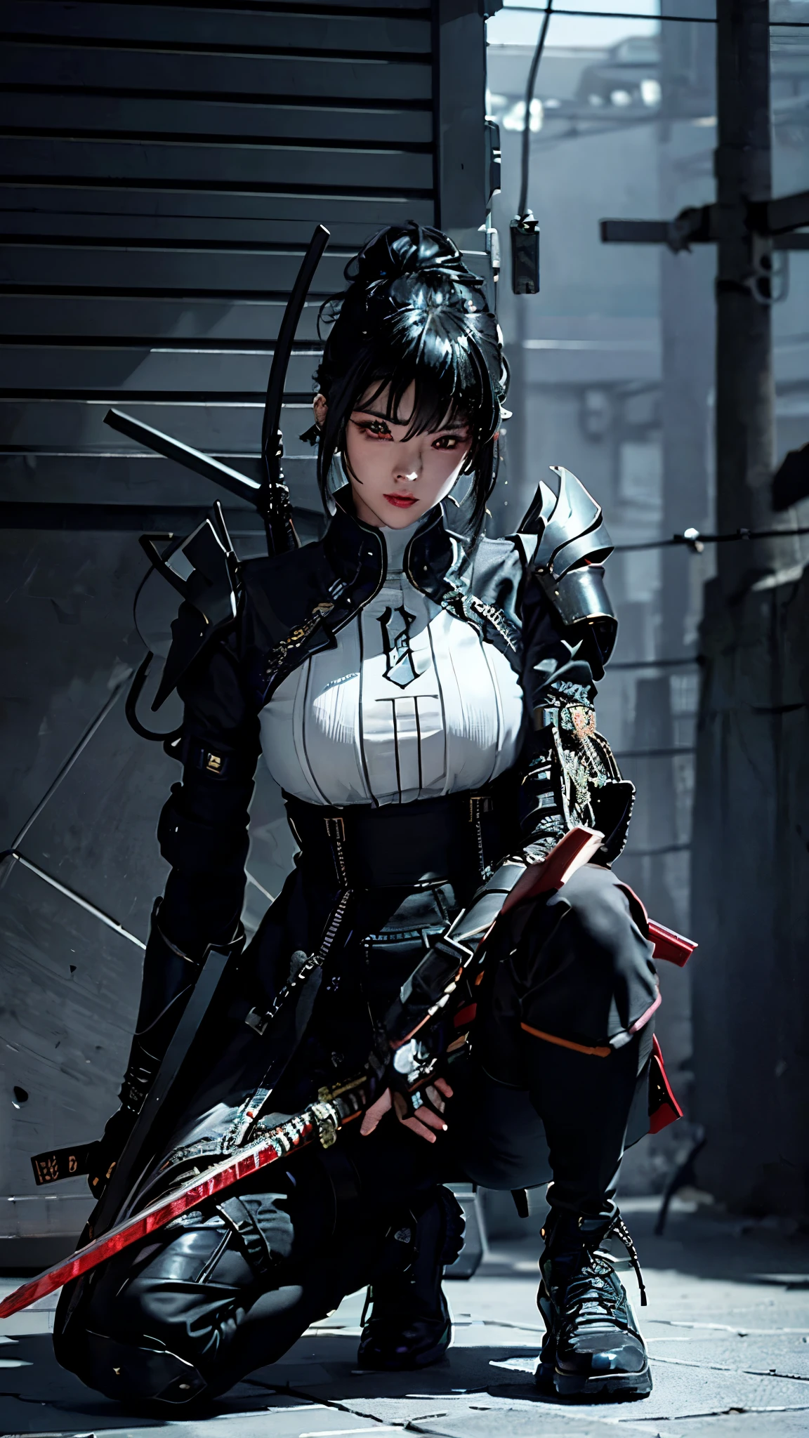 Surreal version of a woman kneeling down on one knee with sword in hand, very beautiful cyberpunk samurai,Sitting on one knee,Futuritic background,  cyberpunk anime art, cyberpunk samurai, cyberpunk city anime art, cyberpunk anime, cgsociety 9, digital cyberpunk anime art, style of maciej kuciara .1girl, samurai armor, devil mask helmet, intricate, detailed ornaments, cold colors, metallic, Egyptian details, details very complex, realistic lighting, trending on social cgs, glowing eyes, facing camera, Brick wall,neon details, surreal details, full body portrait, Japanese atmosphere, lighting global, shadow, octane rendering, 8k, super sharp lolita.((Best quality)), ((masterpiece)), (details:1.4), 3D, image of a female cyberpunk beautiful,HDR (High Dynamic Range),Beam Range,NVIDIA RTX,Ultra High Resolution,Unreal 5,Subsurface Scattering,PBR Textures,Post-processing,Anisotropic Filtering,Depth of Field, Maximum clarity and sharpness, Multi-layer textures, Albedo and Reflection maps, Surface shadows, Accurate simulation of light-material interaction, Perfect scaling, Octane rendering, Two-tone lighting Color, Wide Aperture, Low ISO, White Balance, Rule of Thirds, 8K RAW,