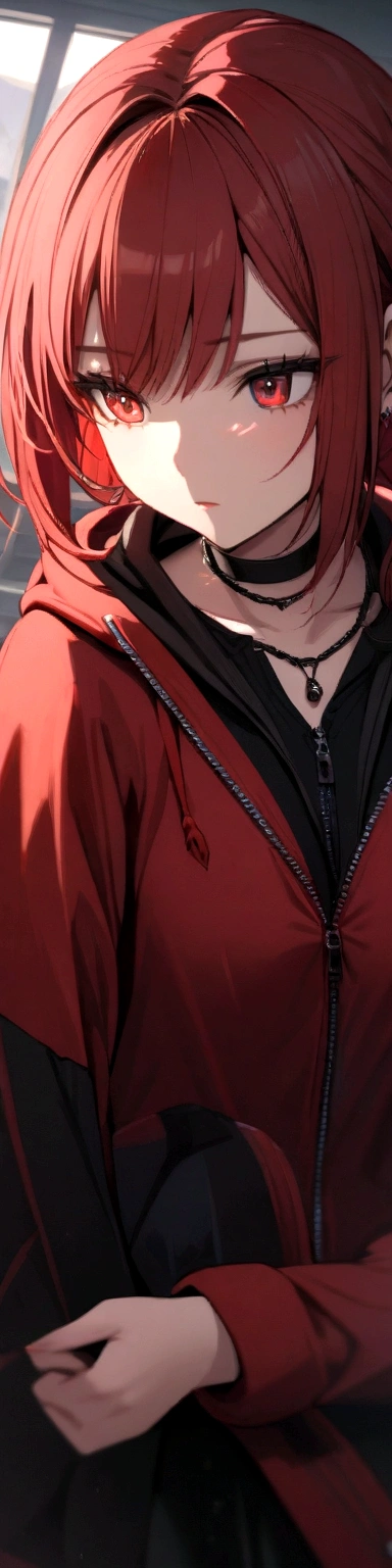 a girl with a red skirt and a black skirt under the red shirt . red stockings with the top black. red zip up hoodie with a black shirt underneath. red hair and red eyes has a black Choker Necklace