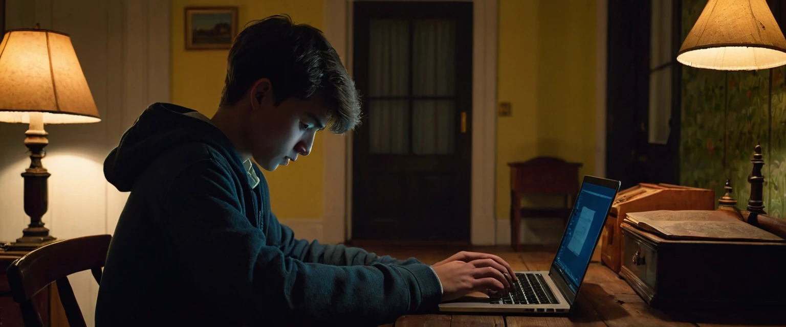 A young male student, around 22-24 years old, is sitting at a desk typing on his laptop during the first night in an old Dutch colonial-style house. He is focused on his laptop, with the room dimly lit by a single lamp. The room has old furniture, creaky floorboards, and a slightly eerie atmosphere with shadows and dim lighting. The image should be very detailed and highly realistic, capturing the student's concentration and the eerie ambiance of the house at night. (Masterpiece), UHD, ((Very detailed))