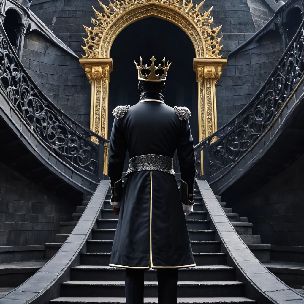 Highest quality　Back view of the Black Prince　The Rolling Black Crown　Background、On the long staircase leading to the gates of the underworld、Daytime