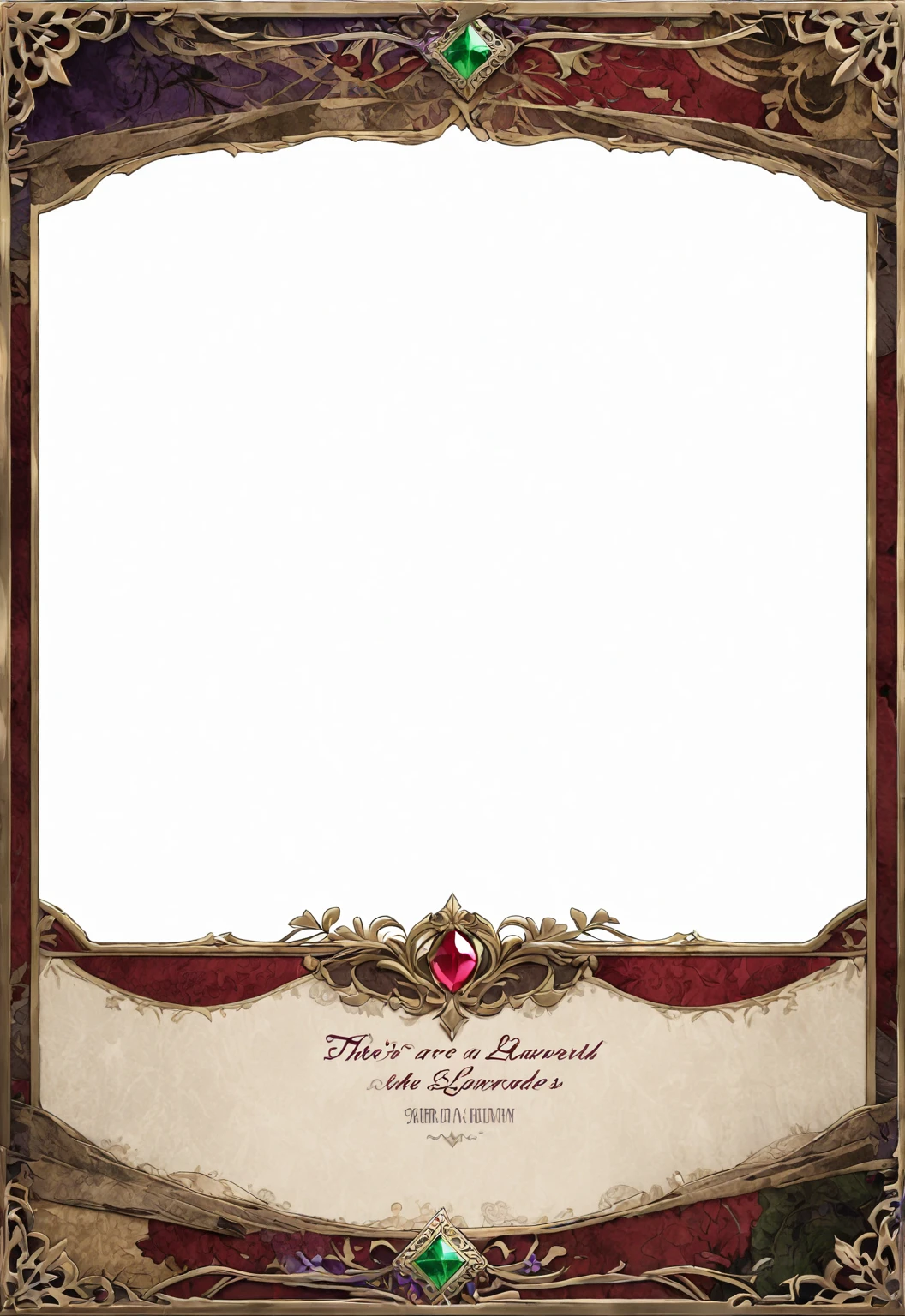 A card border UI，Medieval European aristocracy design，Noble and elegant dark style，There is a lavender ribbon in the middle with the card name.，There is a ruby under the bezel，There are sapphires on the left and right corners.。Redwood frame，Parchment backing，There are blood stains on it。Deep Red、Emerald Green、Gold main tone。