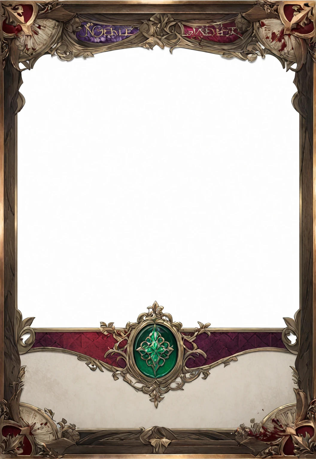 A card border UI,Medieval European aristocracy design,Noble and elegant dark style,There is a lavender ribbon in the middle with the card name.,There is a ruby under the bezel,There are sapphires on the left and right corners.。Redwood frame,Parchment backing,There are blood stains on it。Deep Red、Emerald Green、Gold main tone。