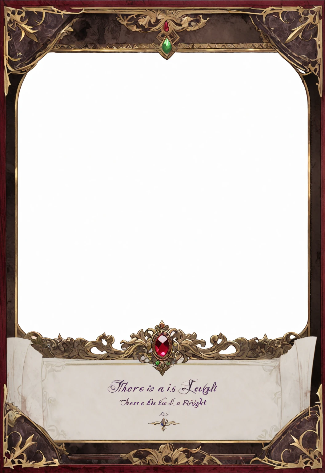 A card border UI,Medieval European aristocracy design,Noble and elegant dark style,There is a lavender ribbon in the middle with the card name.,There is a ruby under the bezel,There are sapphires on the left and right corners.。Redwood frame,Parchment backing,There are blood stains on it。Deep Red、Emerald Green、Gold main tone。