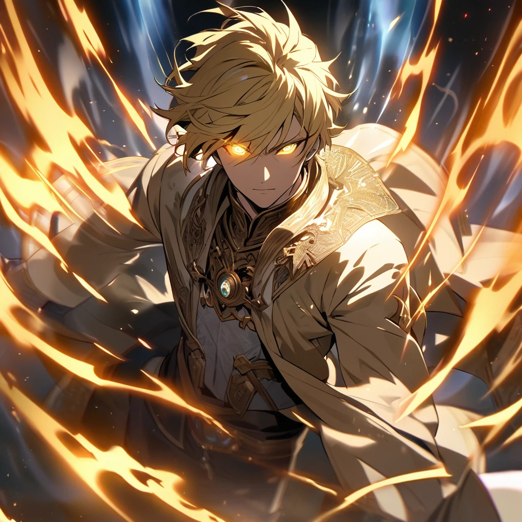 male, solo, handsome, blond hair, god, god eyes, glowing eyes, light, aura, holo, golden