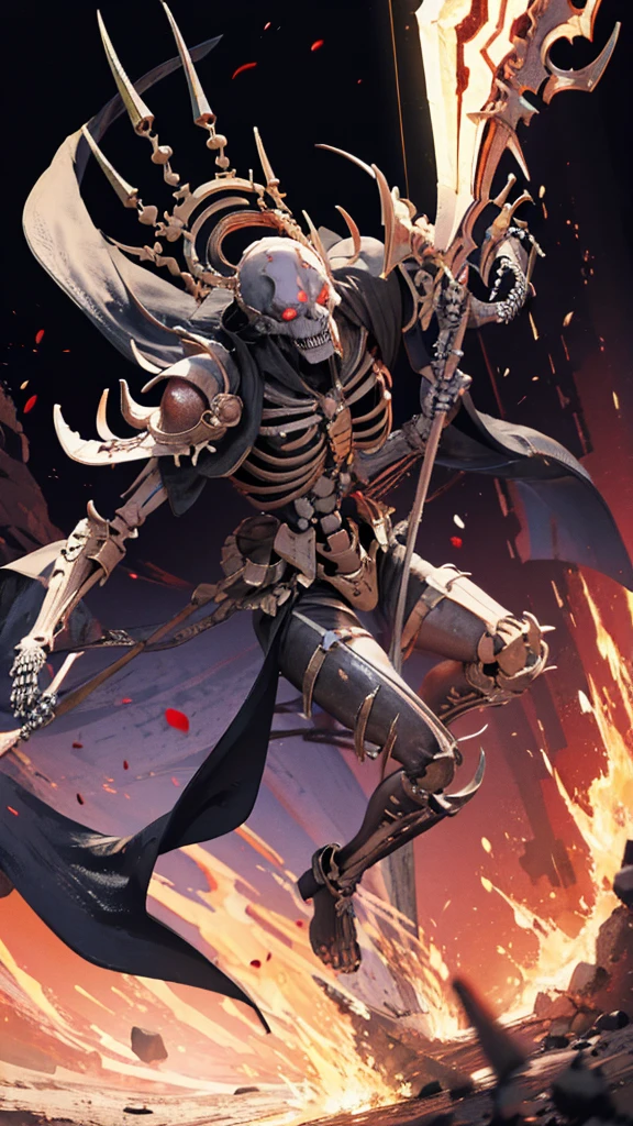 skeleton demon, whole body, with ancient armor and a scythe in his hands 