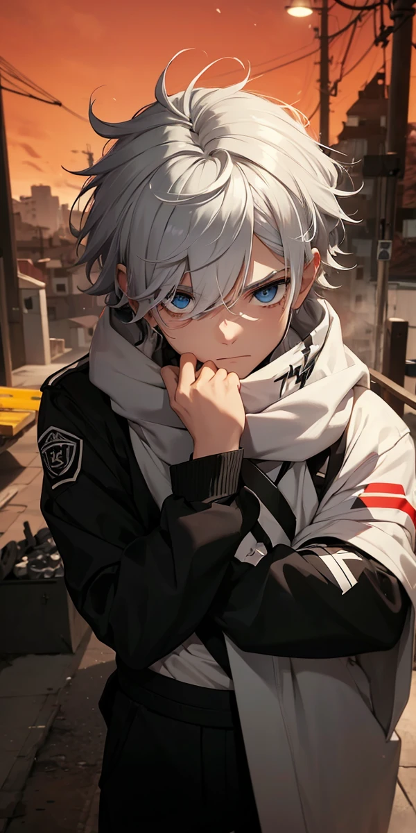 Boy with white hair;
shorth hair;
Messy hair;
eye white;
Some gun sight marks on the pupils;
wear black pants;
black jersey;
A white sweater;
A white scarf;
Pupilas brancas cor neve
A sniper tem a cor branca também
There's a white sniper on the back;
Ele está deitado no chao mirando com a sniper