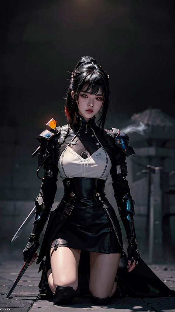 Surreal version of a woman kneeling down on one knee with sword in hand, very beautiful cyberpunk samurai,Sitting on one knee,Futuritic background, cyberpunk anime art, cyberpunk samurai, cyberpunk city anime art, cyberpunk anime, cgsociety 9, digital cyberpunk anime art, style of maciej kuciara .1girl, samurai armor, devil mask helmet, intricate, detailed ornaments, cold colors, metallic, Egyptian details, details very complex, realistic lighting, trending on social cgs, glowing eyes, facing camera, neon details, surreal details, full body portrait, Japanese atmosphere, lighting global, shadow, octane rendering, 8k, super sharp ta.((Best quality)), ((masterpiece)), (details:1.4), 3D, image of a female cyberpunk beautiful,HDR (High Dynamic Range),Beam Range,NVIDIA RTX,Ultra High Resolution,Unreal 5,Subsurface Scattering,PBR Textures,Post-processing,Anisotropic Filtering,Depth of Field, Maximum clarity and sharpness, Multi-layer textures, Albedo and Reflection maps, Surface shadows, Accurate simulation of light-material interaction, Perfect scaling, Octane rendering, Two-tone lighting Color, Wide Aperture, Low ISO, White Balance, Rule of Thirds, 8K RAW,Smoke color background, Blade red blood,Lisa BlackPink ,