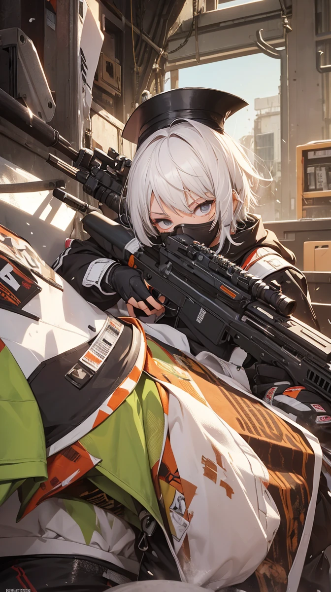 Boy with white hair;
shorth hair;
Messy hair;
eye white;
Some gun sight marks on the pupils;
wear black pants;
black jersey;
A white sweater;
A white scarf;
Pupilas brancas cor neve 

A sniper tem a cor branca também 
There&#39;s a white sniper on the back;


Ele está deitado no chao mirando com a sniper 