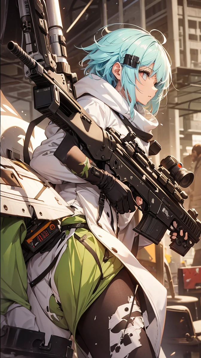 Boy with white hair;
shorth hair;
Messy hair;
eye white;
Some gun sight marks on the pupils;
wear black pants;
black jersey;
A white sweater;
A white scarf;
Pupilas brancas cor neve
A sniper tem a cor branca também
There's a white sniper on the back;
Ele está deitado no chao mirando com a sniper