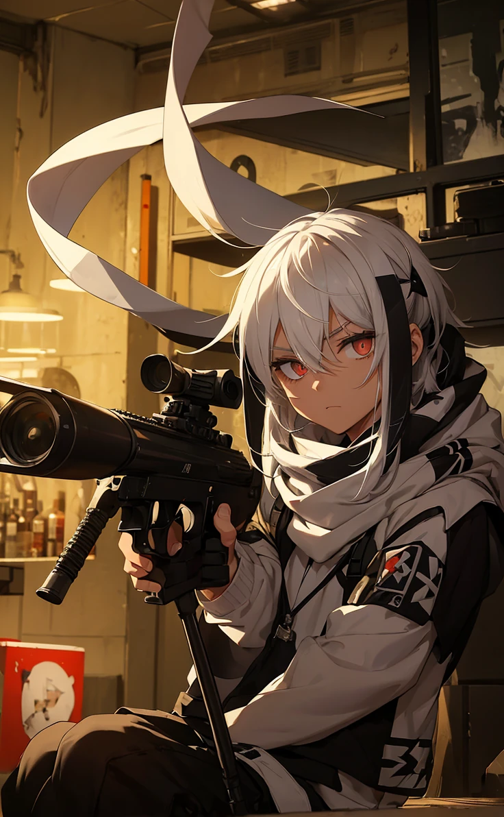 Boy with white hair;
shorth hair;
Messy hair;
eye white;
Some gun sight marks on the pupils;
wear black pants;
black jersey;
A white sweater;
A white scarf;
Pupilas brancas cor neve
A sniper tem a cor branca também
There's a white sniper on the back;
Ele está deitado no chao mirando com a sniper