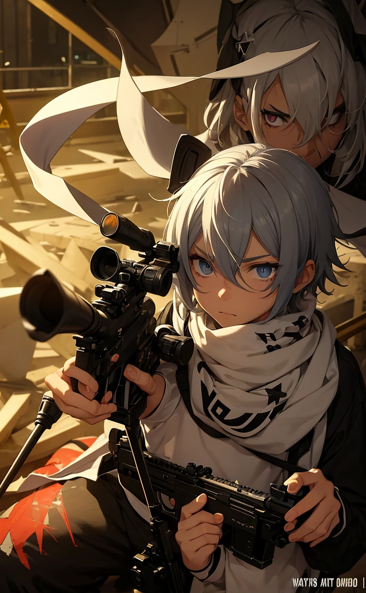Boy with white hair;
shorth hair;
Messy hair;
eye white;
Some gun sight marks on the pupils;
wear black pants;
black jersey;
A white sweater;
A white scarf;
Pupilas brancas cor neve
A sniper tem a cor branca também
There's a white sniper on the back;
Ele está deitado no chao mirando com a sniper