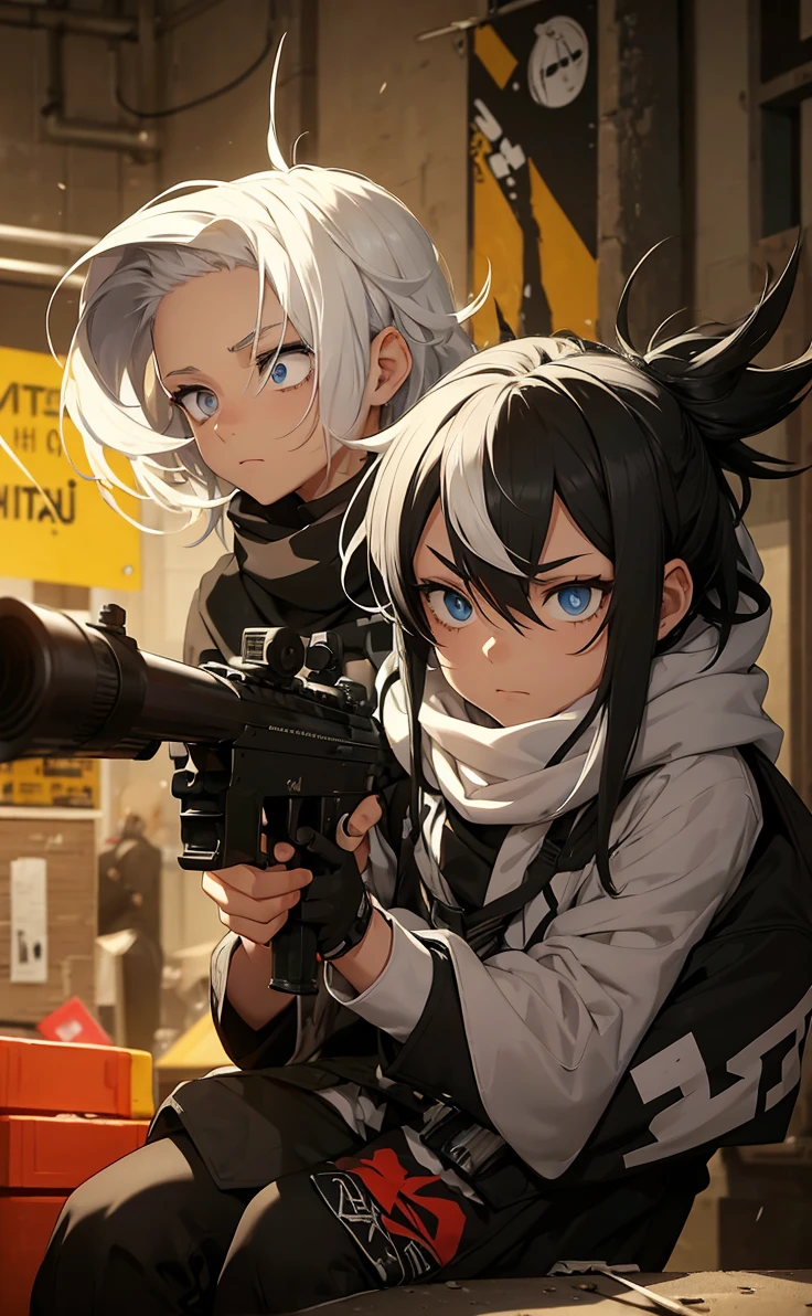 Boy with white hair;
shorth hair;
Messy hair;
eye white;
Some gun sight marks on the pupils;
wear black pants;
black jersey;
A white sweater;
A white scarf;
Pupilas brancas cor neve 

A sniper tem a cor branca também 
There&#39;s a white sniper on the back;


Ele está deitado no chao mirando com a sniper 