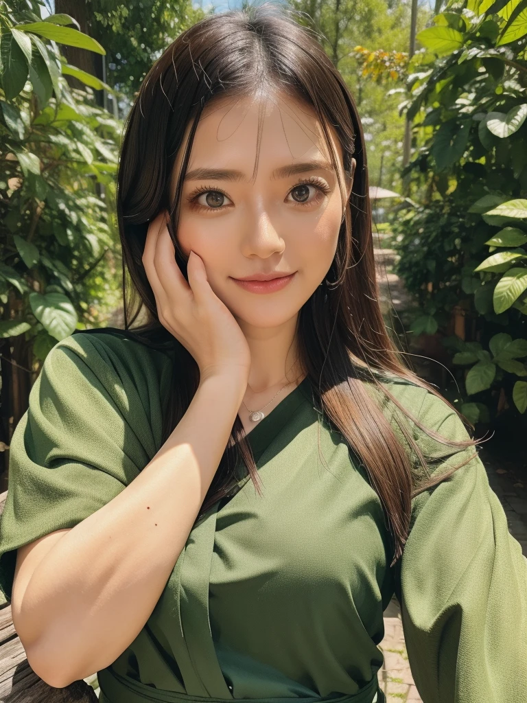 rie,One Woman,(best quality), (ultra detailed), (absolutely resolution),Face is front, 28 years old, Staring up at someone, Chiffon blouse and shorts, The color of the dress is emerald green., The pattern on the clothes is tribal, Black Hair, Autumn foliage season、The forest is dyed in vibrant reds and yellows