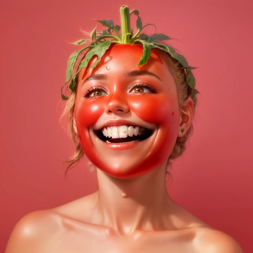 there is a woman with a tomato mask on her head, tomato monster, tomato, tom hanks tomato face, forest gump tomato body, also tomato, blushd, photographyalexey gurylev, made of food, blush, Red cheeks, David&#39;s Church, Inspired by Martin Schoeller, The picture on the right shows half of a happy face, Strange illustration