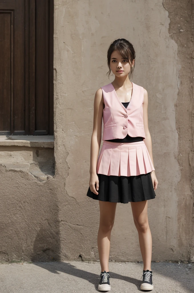 (Masterpiece, of the highest quality:1.2), 1 girl, alone,They are standing_to divide, , wide，negro sleeveless short vest，pink skirt，negro