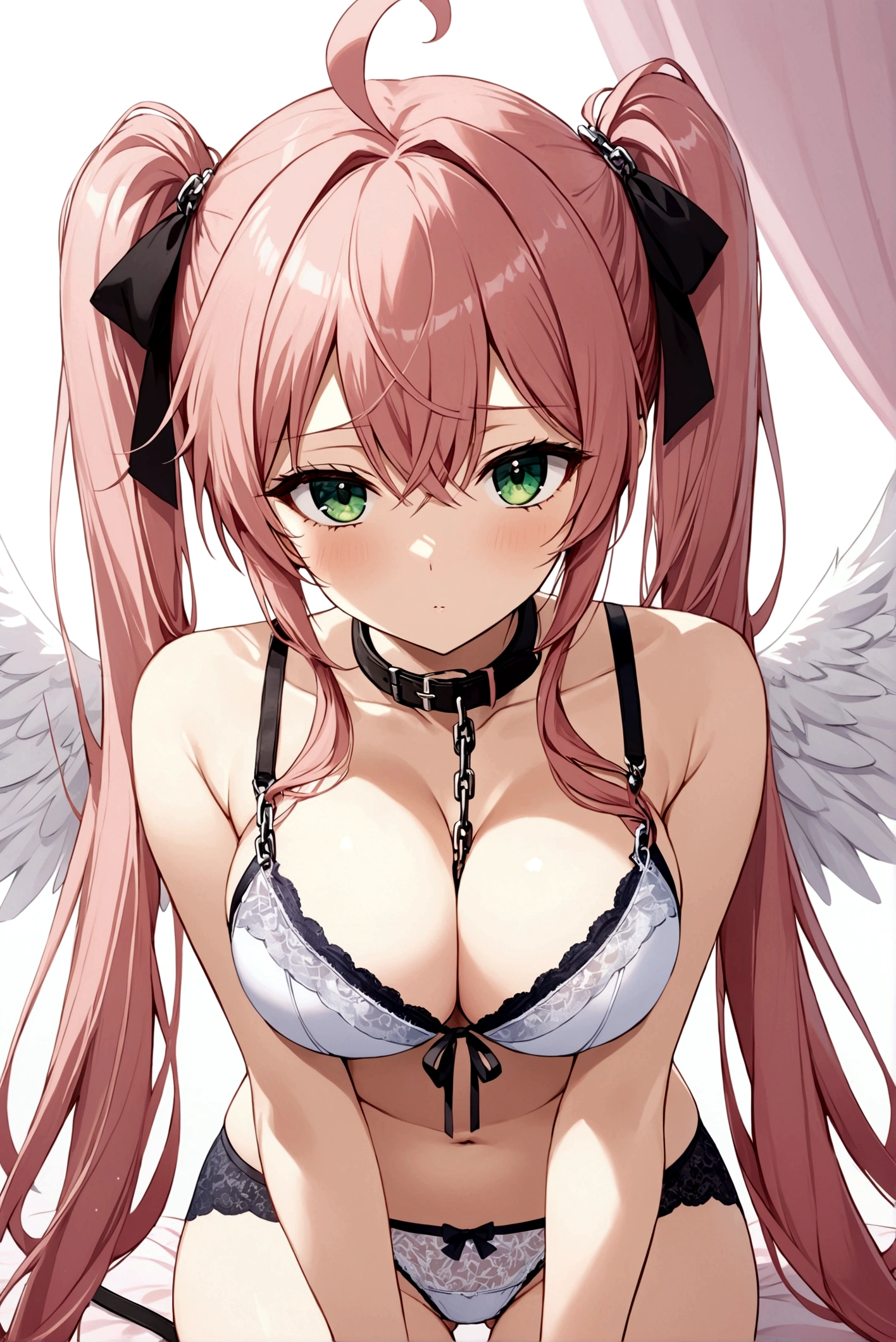 1girl, solo, long hair, breasts, large breasts, ribbon, cleavage, twintails, underwear, green eyes, panties, pink hair, ahoge, wings, bra, collar, chain, underwear only, lingerie, between breasts, white bra, leash