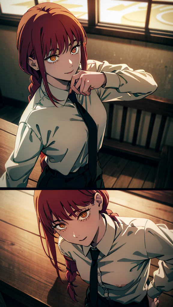 Masterpiece, top quality, best quality, official art, beautiful and aesthetic, anime, 1girl,extremely detailed, colorful, more detailed ((ultra-detailed)), (highly detailed CG illustration),Best Quality, High resolution, Unity 8k Wallpaper, (Illustration:0.8), (Beautiful detailed eyes:1.6), extra detailed face, Perfect Lighting, extremely details CG, (Perfect hands, Perfect Anatomy), makima, long hair, smile, bangs, (small breasts:1.2), (yellow eyes:1.2), braid, red hair, braided ponytail, ringed eyes,cleavage,collarbone,shirt, long sleeves, white shirt, necktie, collared shirt, pants, black pants, formal,black necktie, shirt tucked in, Take off your shirt,showing bra,lace bra,in middle of church, benches,candles, dark light,upper body shot, from above,looking in eyes,bend over,