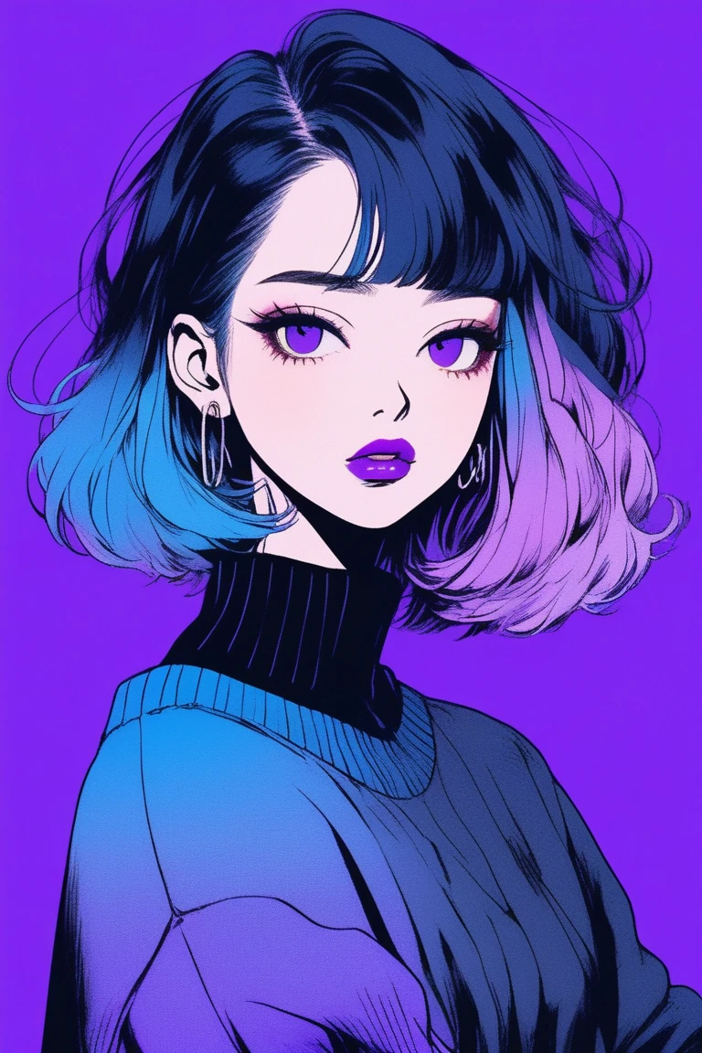 (best quality, sketch:1.2),realistic,Illustrator,japanese cartoon movies,1 girl, detailed lips,sweater,custom,blue gradient background,Neon Hair,Textured Crop,Canadian, masterpiece, style retro classic, dark black, Telegraph art, sketch book, (bob hair purple:1.35, Black color:1.55)