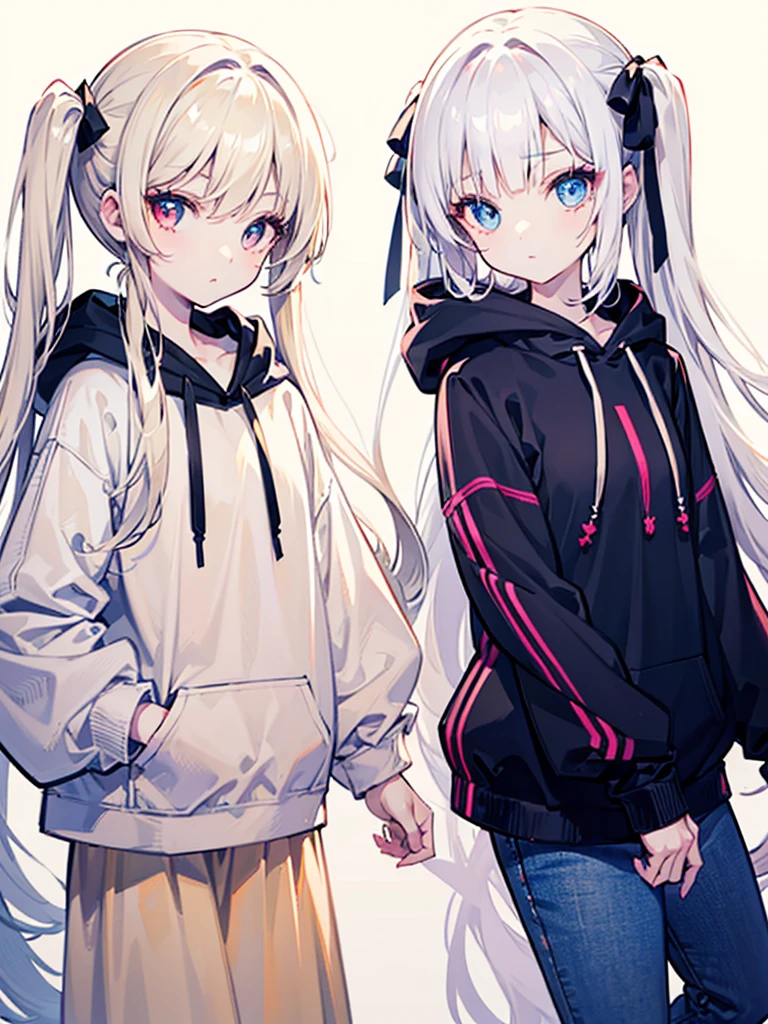 Two Girls、(Beige Hair、Red eyes)、(White Hair、blue eyes)、Twin tails、Very long hair、Shiny Hair、high quality、Simple Background、White Background、Monochrome outfit、Big hoodie
