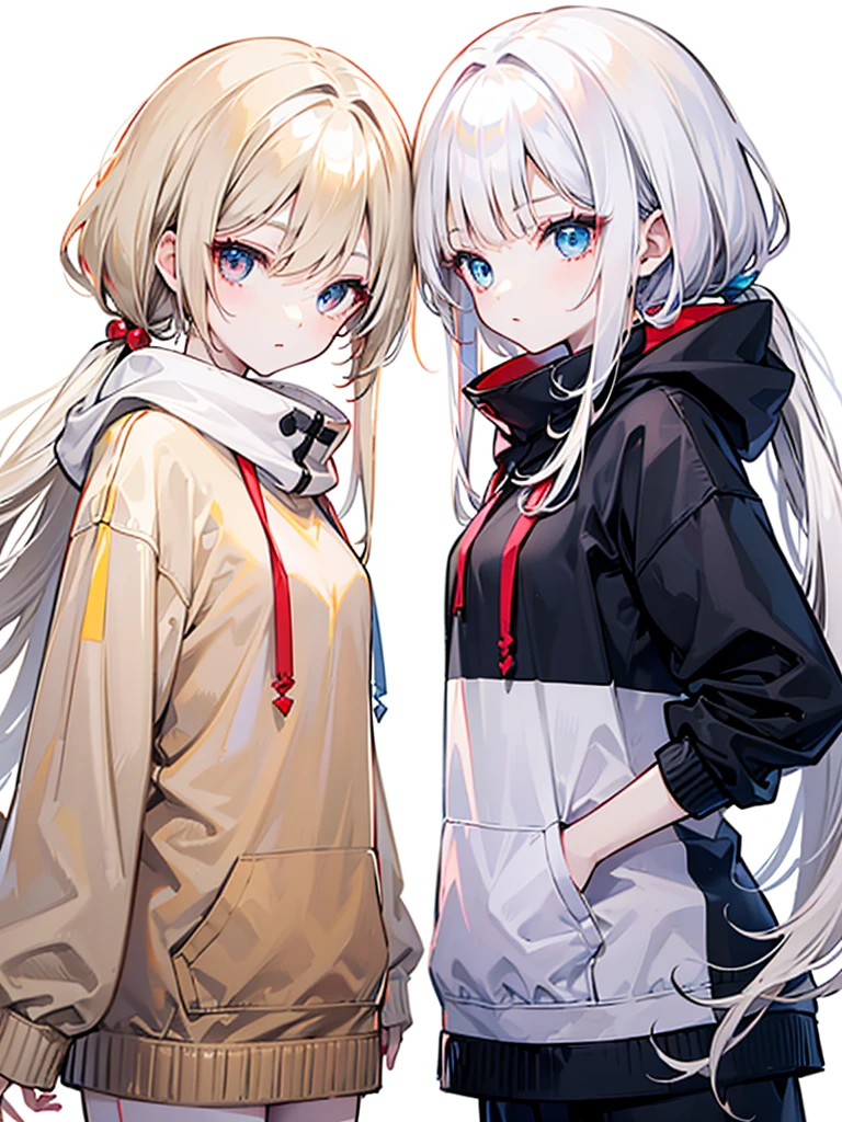 Two Girls、(Beige Hair、Red eyes)、(White Hair、blue eyes)、Twin tails、Very long hair、Shiny Hair、high quality、Simple Background、White Background、Monochrome outfit、Big hoodie