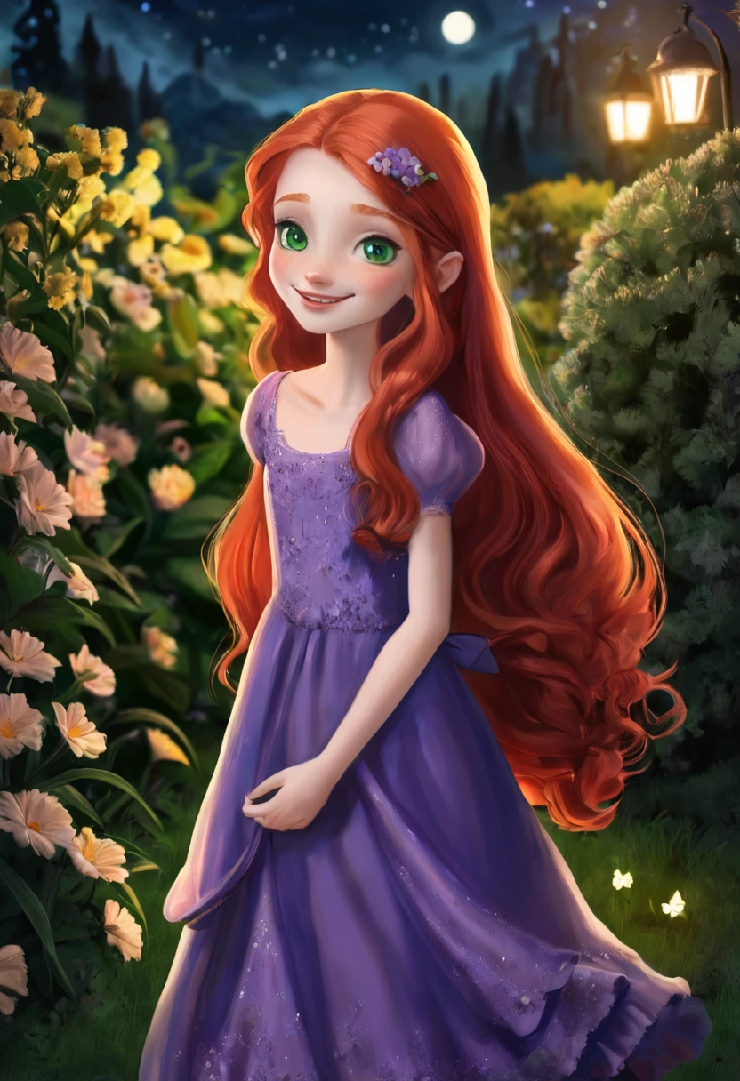 1 16 year old girl, alone, long red hair, green eyes, smiling lips, clear skin, old, purple dress, background of a flower garden((at night)), 