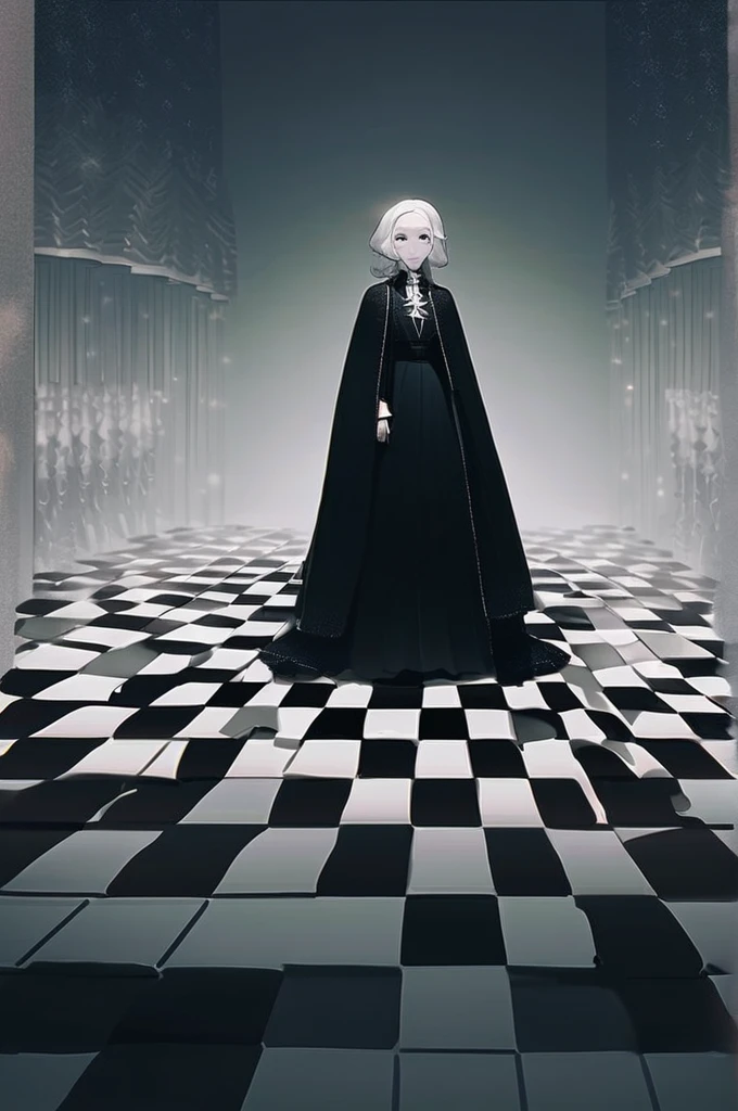 ((Лучшее качество)), ((шедевр)), (подробный), On the chessboard, a man in white clothes and a woman in black clothes are standing far apart